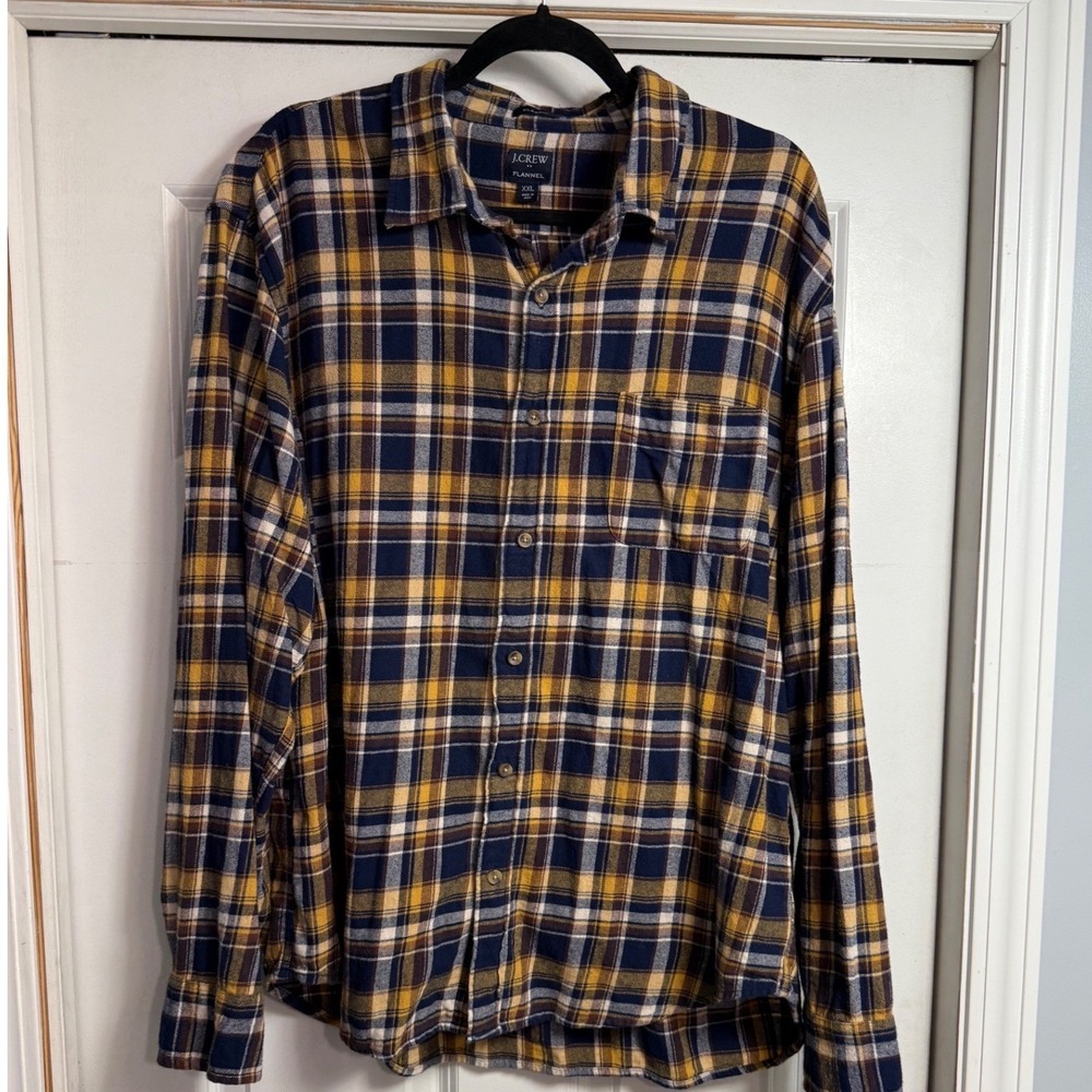 J.Crew Mens XXL Classic Fit Flannel Shirt Navy Blue Yellow Plaid Cotton Long Slv